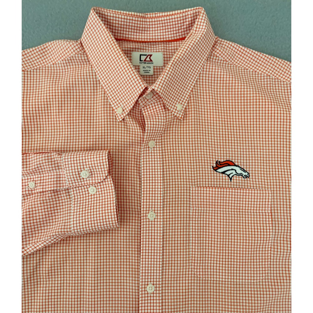 Cutter & Buck Men Button Down XL Orange Gingham Denver Broncos Embroidered Shirt